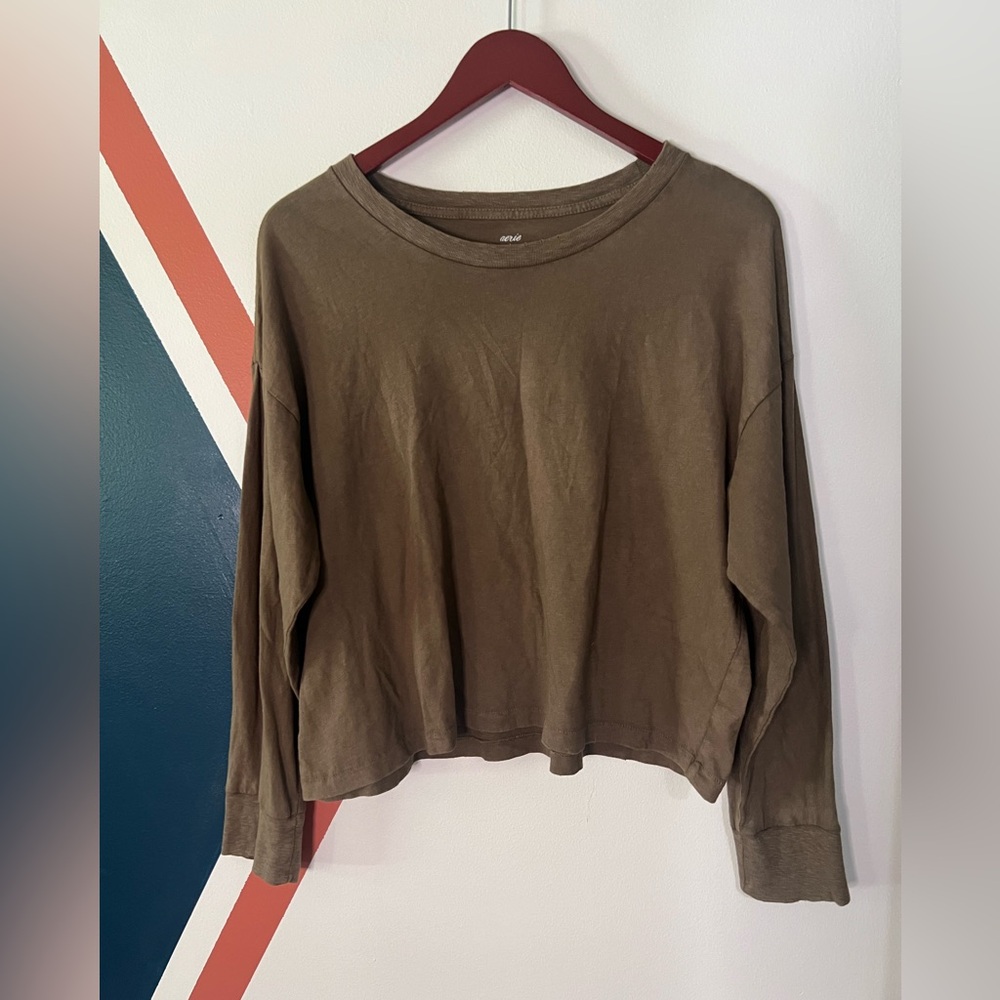 aerie Olive brown Cropped Long-Sleeve Crewneck Top